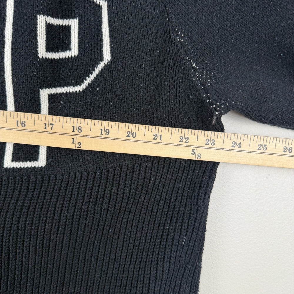 Express Shaker Sweater Women's Large Black Ribbed Knit EXP‎ Logo Cotton Pullover - Picture 10 of 13